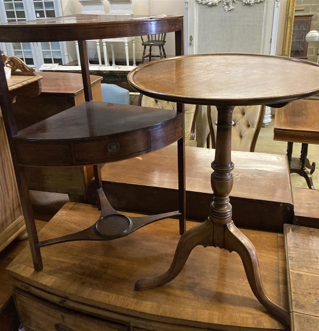 A George III mahogany corner washstand, width 58cm, depth 40cm, height 83cm together with a circular mahogany tripod wine table, diamet